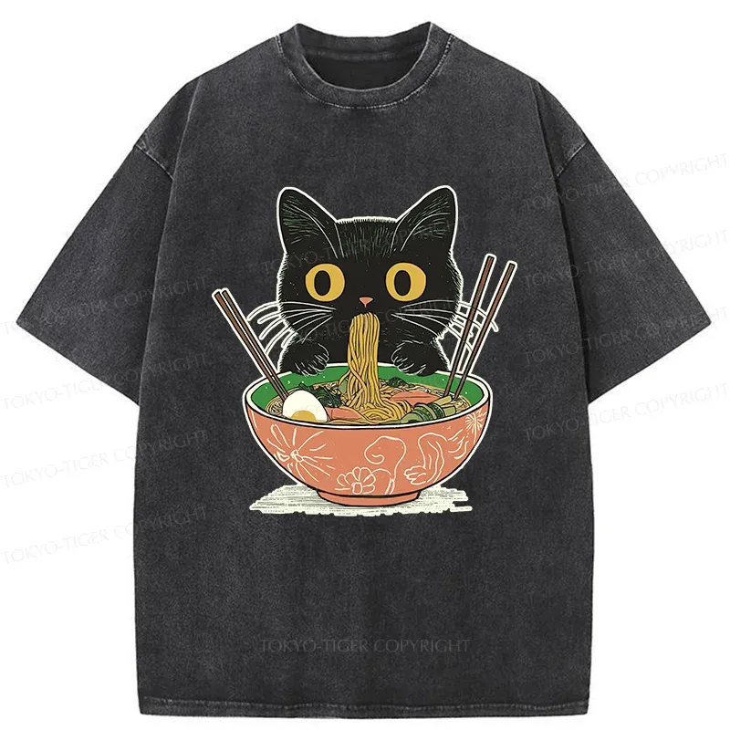 Tokyo-Tiger Black Cat Steals Ramen Washed T-Shirt