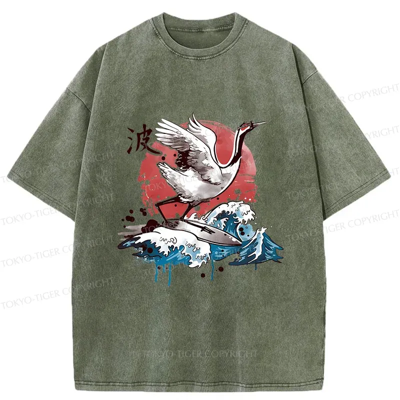 Tokyo-Tiger Crane Surfing Washed T-Shirt