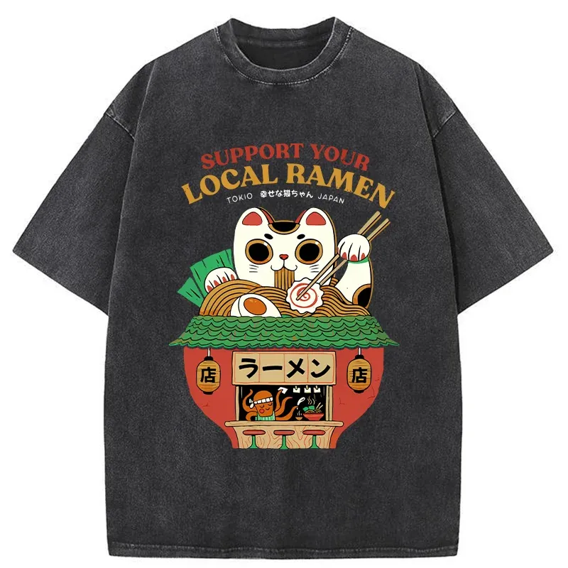 Tokyo-Tiger Lucky Cat Eating Ramen Mic Washed T-Shirt