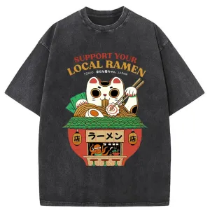 Image of Tokyo-Tiger Lucky Cat Eating Ramen Mic Washed T-Shirt