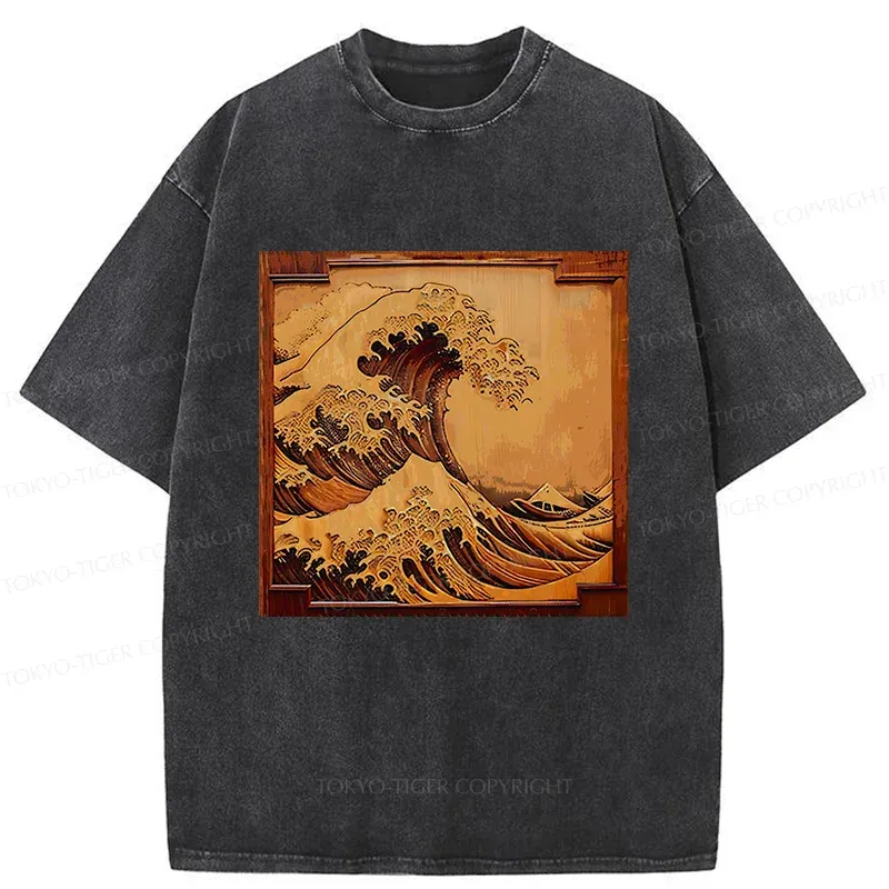 Tokyo-Tiger Panel Painting Ukiyoe Wave Washed T-Shirt
