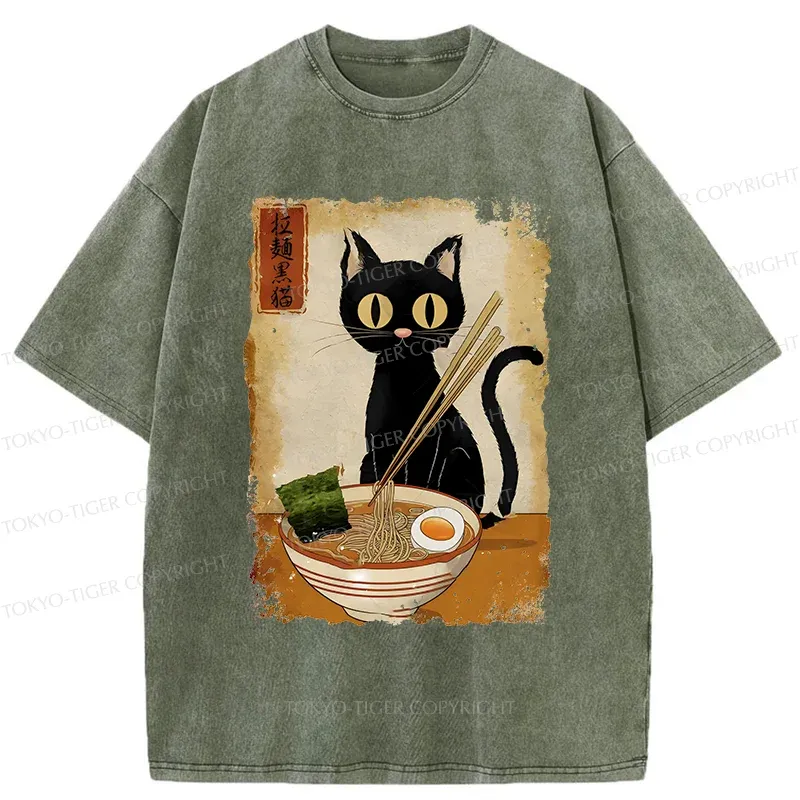 Tokyo-Tiger Cat Eating Ramen Retro Washed T-Shirt