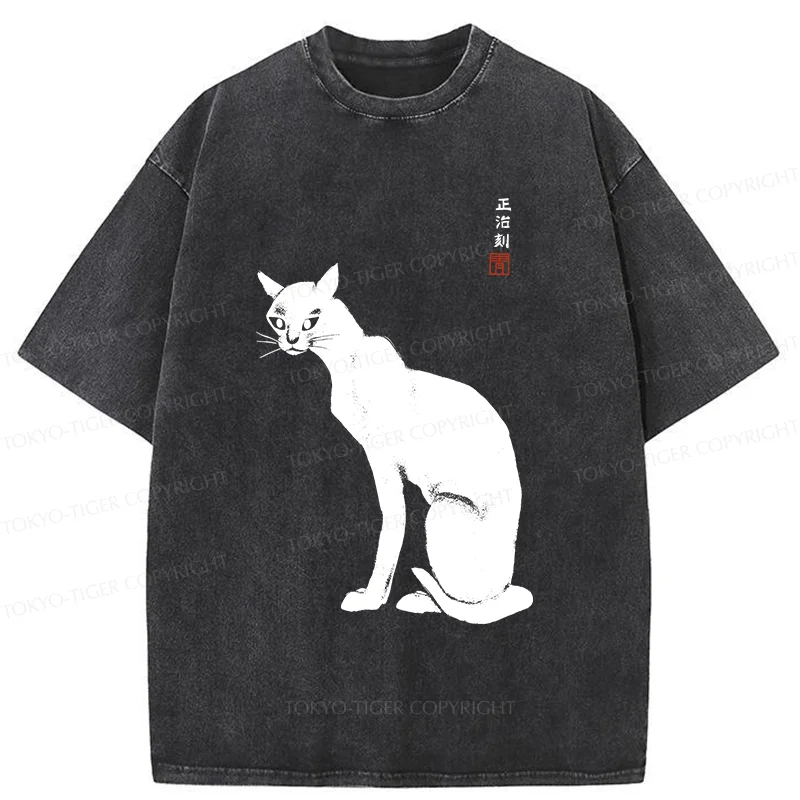 Tokyo-Tiger Slender Black Cat Washed T-Shirt