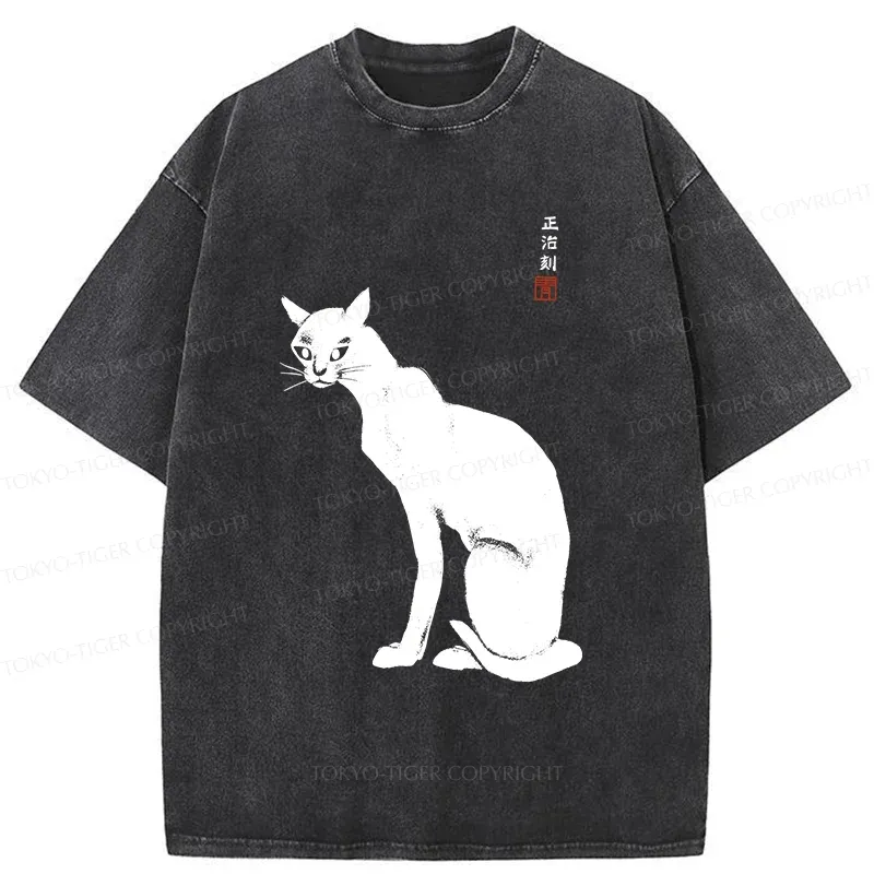 Tokyo-Tiger Slender Black Cat Washed T-Shirt