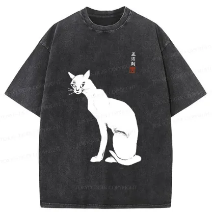 Tokyo-Tiger Slender Black Cat Washed T-Shirt