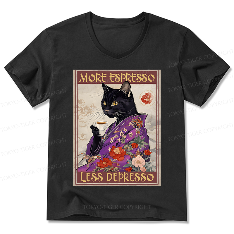 Tokyo-Tiger Japanese Cat Drinking Coffee V-Neck Classic T-Shirt