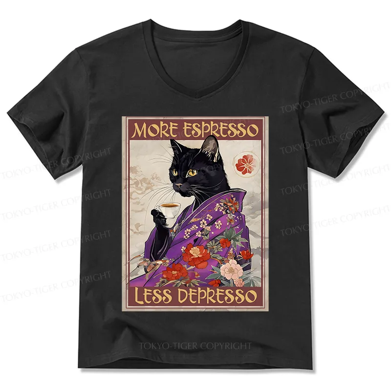 Tokyo-Tiger Japanese Cat Drinking Coffee V-Neck Classic T-Shirt