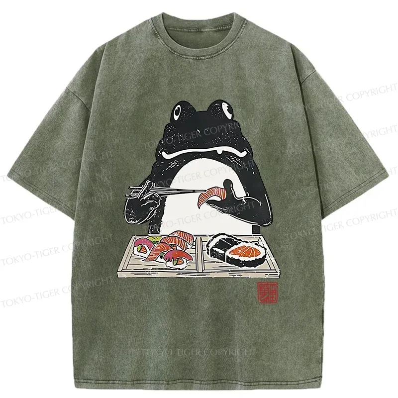 Tokyo-Tiger Frog Eating Sushi Washed T-Shirt