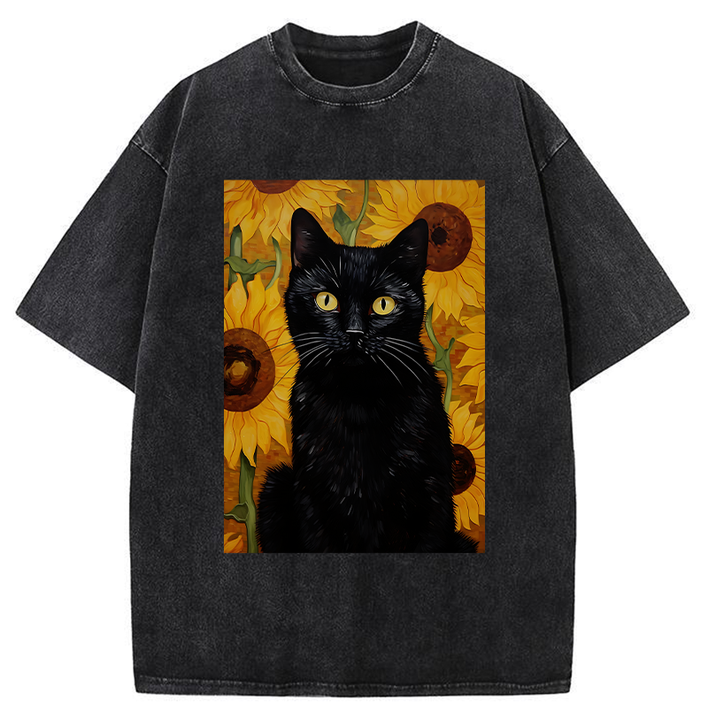 Tokyo-Tiger Black Cat Among Sunflowers Washed T-Shirt
