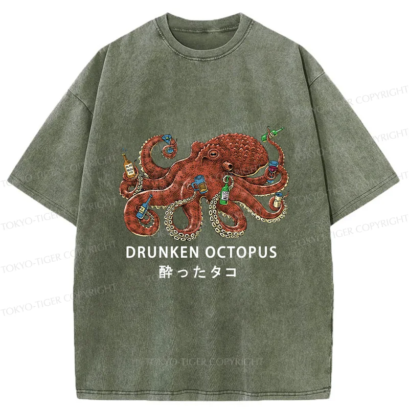 Tokyo-Tiger Drinking Octopus Washed T-Shirt