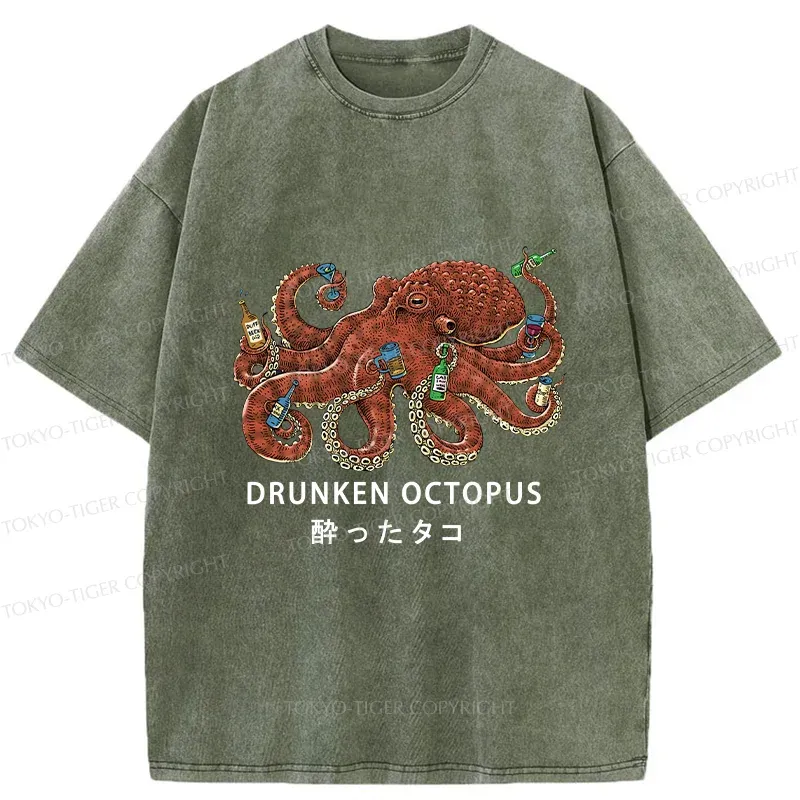 Tokyo-Tiger Drinking Octopus Washed T-Shirt