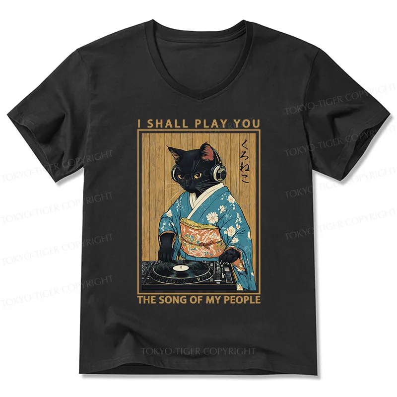 Tokyo-Tiger Funny Playing Music Black Cat V-Neck Classic T-Shirt Sale