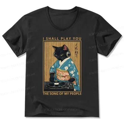 Tokyo-Tiger Funny Playing Music Black Cat V-Neck Classic T-Shirt