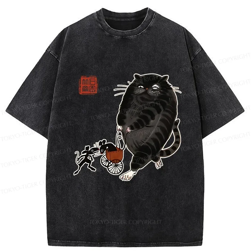 Tokyo-Tiger Funny Cat Pushing Mouse In Cart Washed T-Shirt