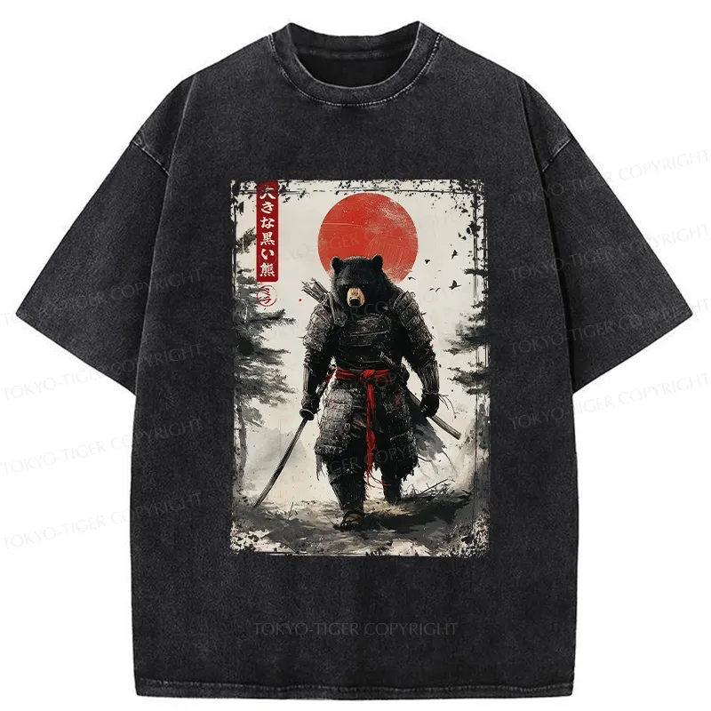Tokyo-Tiger Retro Black Bear Samurai Washed T-Shirt