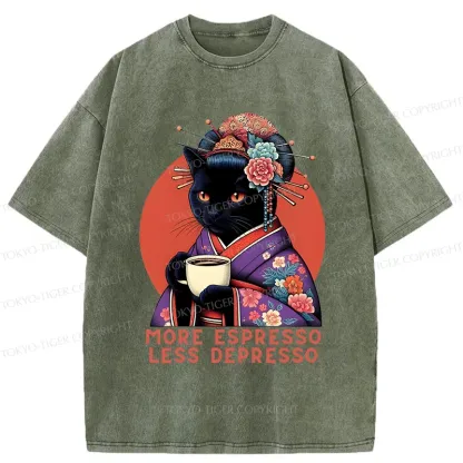 Tokyo-Tiger Black Cat Geisha Drinking Coffee Washed T-Shirt