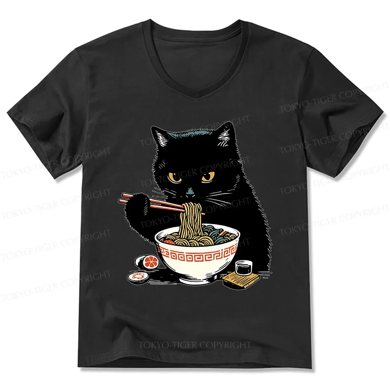 Tokyo-Tiger Cat Eating Favorite Ramen V-Neck Classic T-Shirt