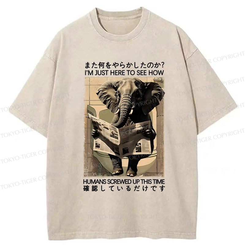 Tokyo-Tiger Funny Elephant Reading Newspaper Washed T-Shirt