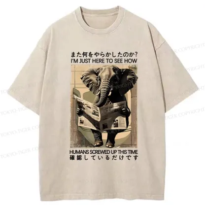 Tokyo-Tiger Funny Elephant Reading Newspaper Washed T-Shirt