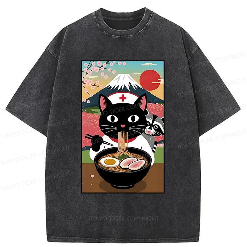Tokyo-Tiger Nurse Cat Eating Ramen Washed T-Shirt