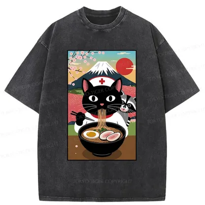 Tokyo-Tiger Nurse Cat Eating Ramen Washed T-Shirt