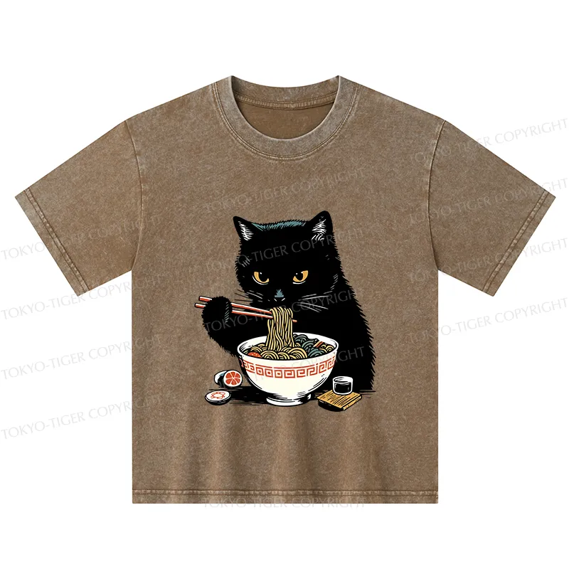 Tokyo-Tiger Cat Eating Favorite Ramen Kids Washed T-Shirt