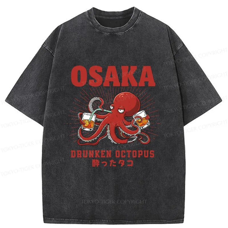 Tokyo-Tiger Octopus Drinking Beer Washed T-Shirt