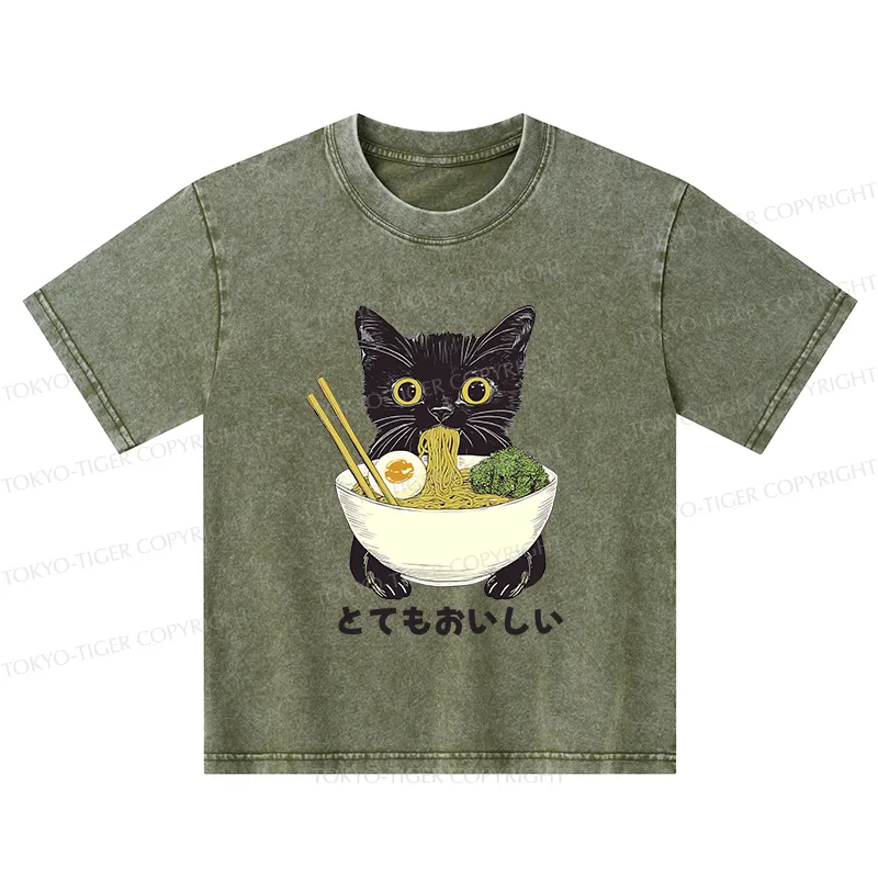 Tokyo-Tiger Ramen Lover Cute Cat Kids Washed T-Shirt