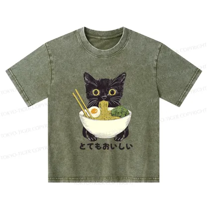 Tokyo-Tiger Ramen Lover Cute Cat Kids Washed T-Shirt