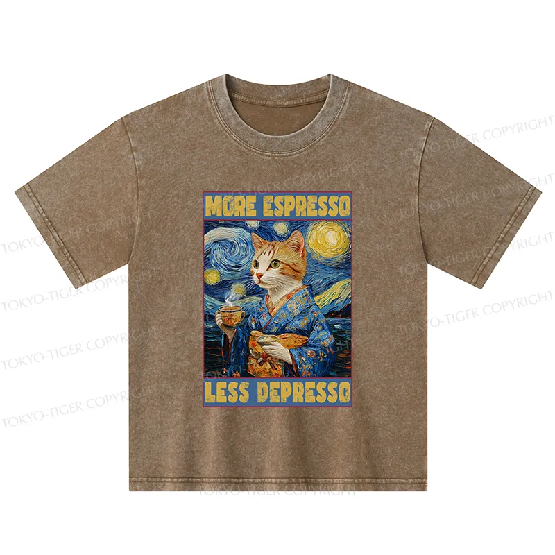 Tokyo-Tiger Funny More Espresso Less Depresso Kids Washed T-Shirt