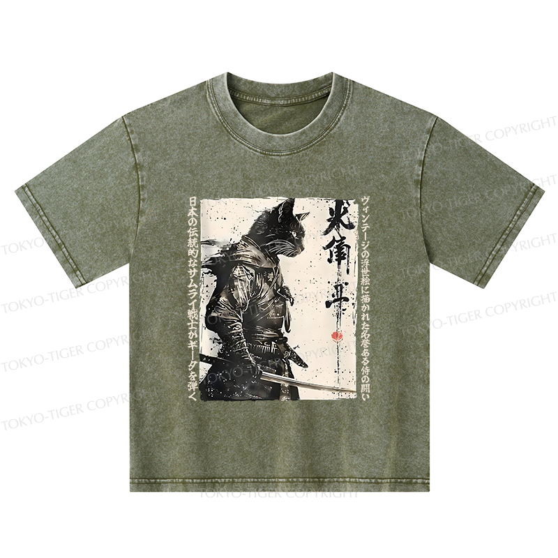 Tokyo-Tiger Cat Samurai Retro Kids Washed T-Shirt