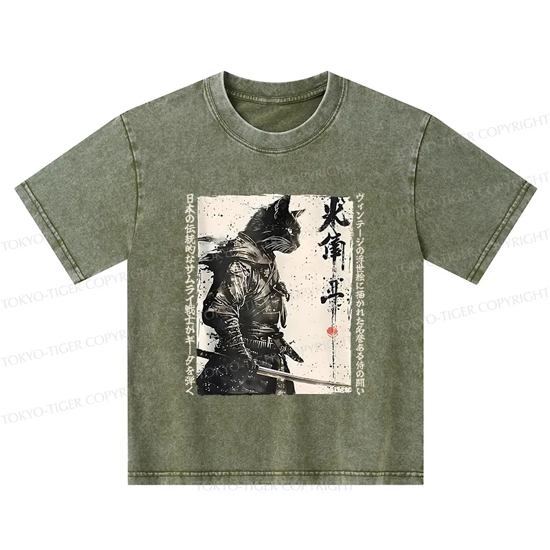 Tokyo-Tiger Cat Samurai Retro Kids Washed T-Shirt