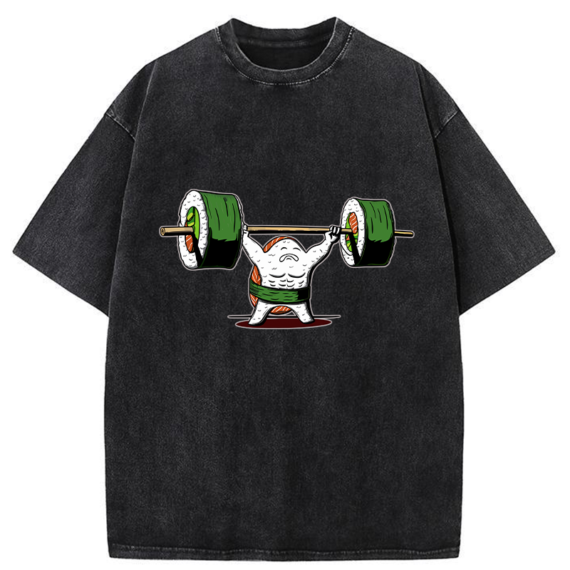Tokyo-Tiger Funny Sushi Weightlifting Washed T-Shirt