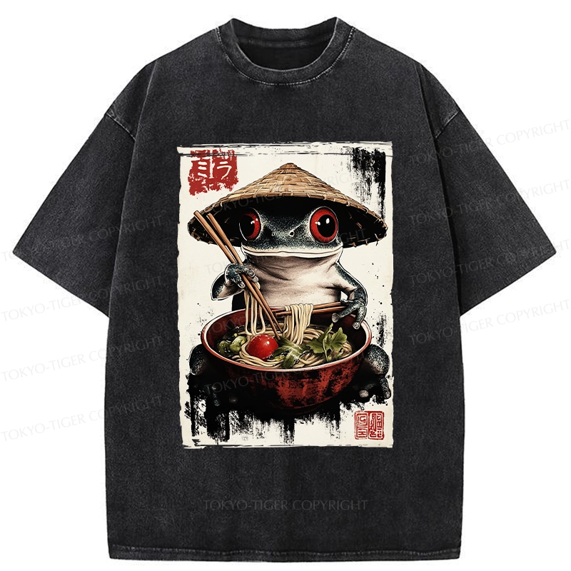 Tokyo-Tiger Retro Frog Eating Ramen Noodles Washed T-Shirt