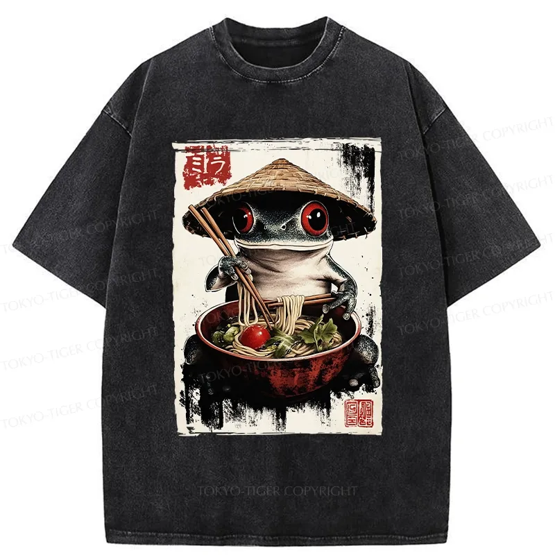 Tokyo-Tiger Retro Frog Eating Ramen Noodles Washed T-Shirt