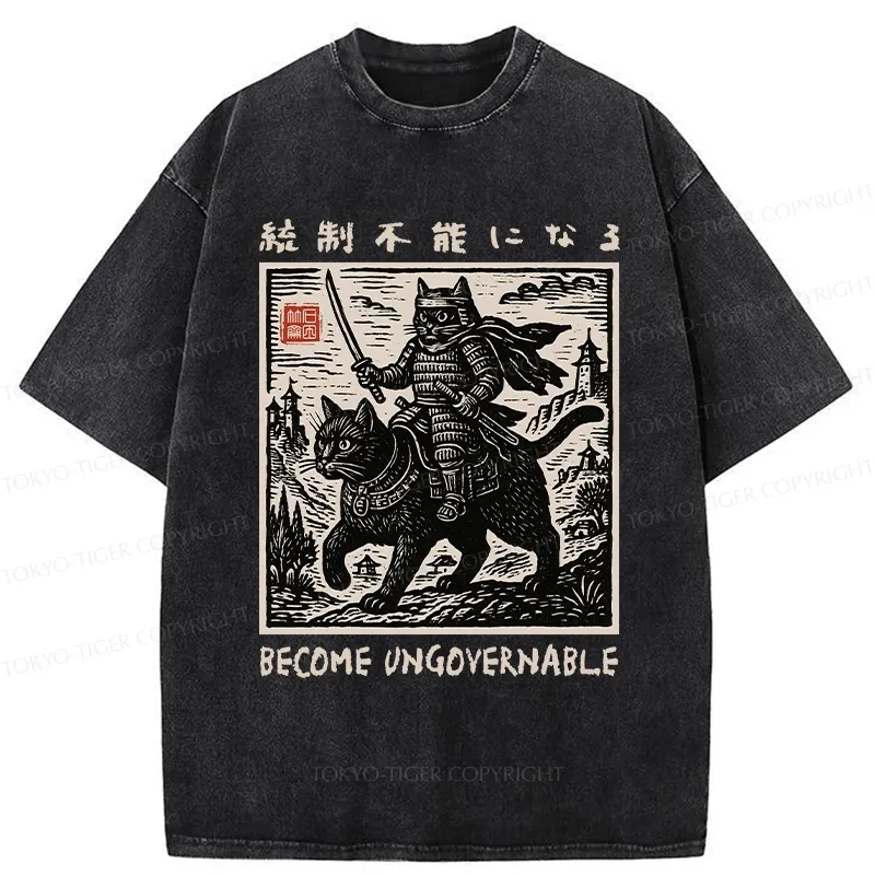 Tokyo-Tiger Funny Cat Samurai Riding A Cat Washed T-Shirt