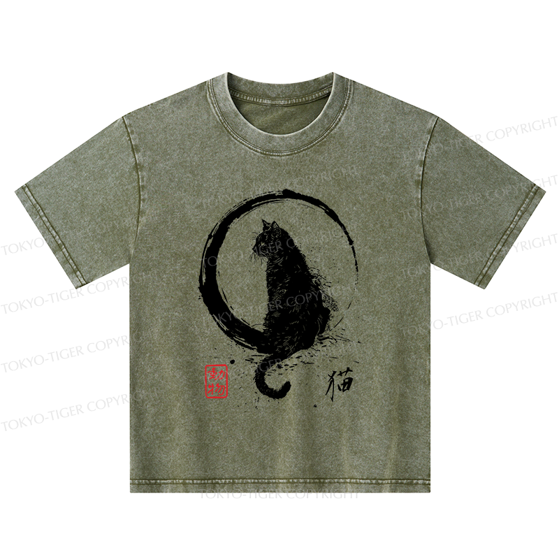 Tokyo-Tiger Retro Japanese Black Cat Kids Washed T-Shirt
