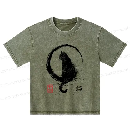 Tokyo-Tiger Retro Japanese Black Cat Kids Washed T-Shirt