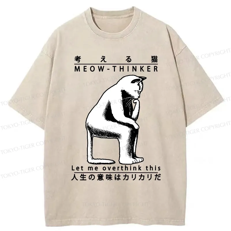 Tokyo-Tiger Funny Cat Thinker Washed T-Shirt