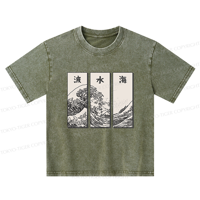 Tokyo-Tiger Japanese Art Wave Kids Washed T-Shirt