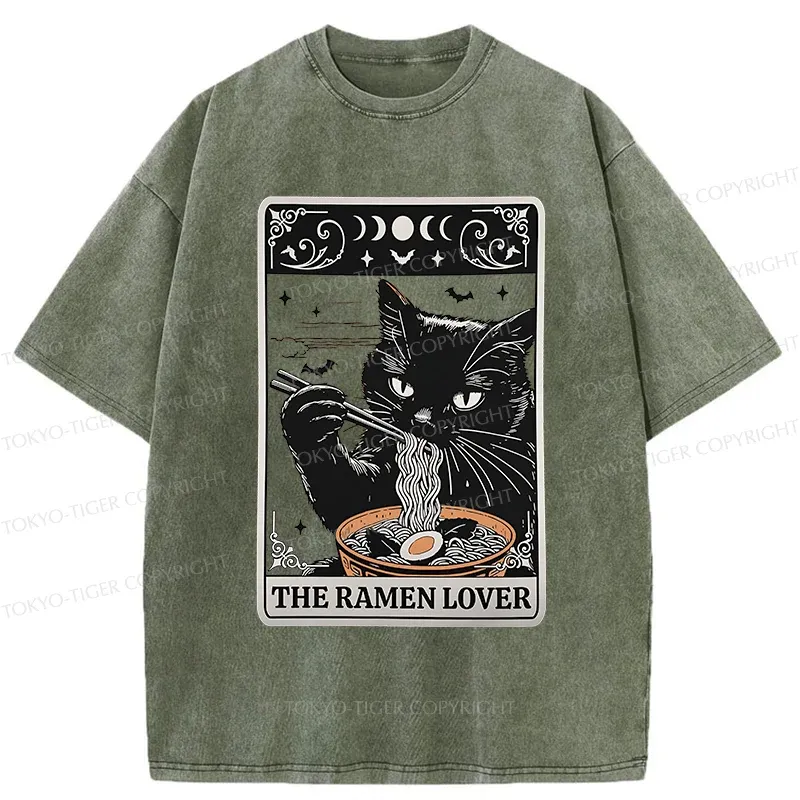 Tokyo-Tiger Cat Loves Ramen Washed T-Shirt
