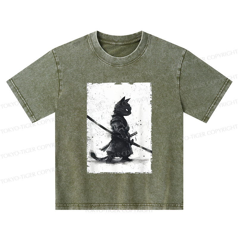Tokyo-Tiger Retro Cat Samurai Japanese Kids Washed T-Shirt