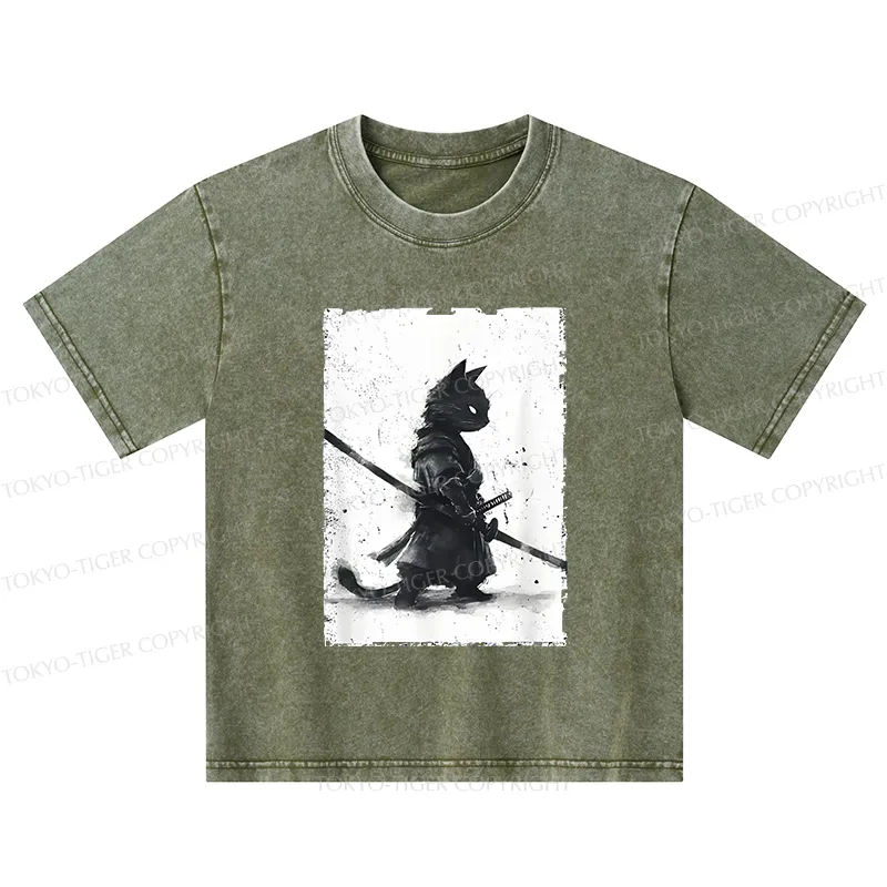 Tokyo-Tiger Retro Cat Samurai Japanese Kids Washed T-Shirt