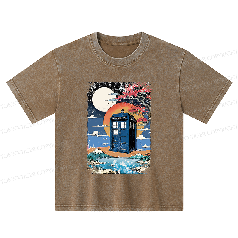 Tokyo-Tiger Tardis Under The Moonlight Kids Washed T-Shirt