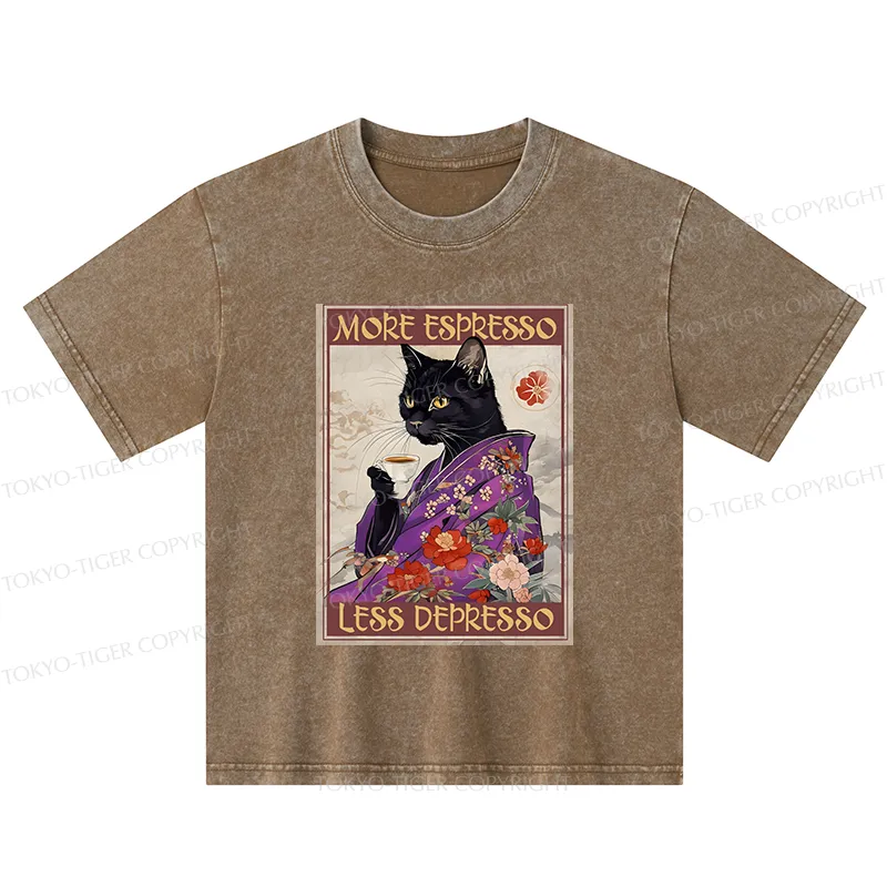 Tokyo-Tiger Japanese Cat Drinking Coffee Kids Washed T-Shirt