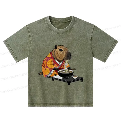 Tokyo-Tiger Cute Capybara Eating Ramen Kids Washed T-Shirt