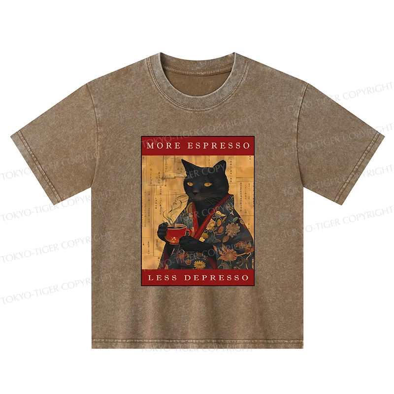 Tokyo-Tiger More Espresso Less Depresso Cat Kids Washed T-Shirt