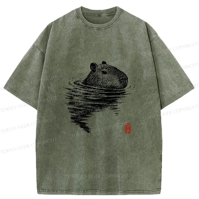 Tokyo-Tiger Swimming Capybara Washed T-Shirt