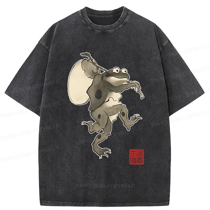 Tokyo-Tiger Funny Retro Frog Washed T-Shirt