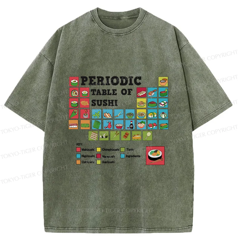 Tokyo-Tiger Japanese Food Periodic Table Washed T-Shirt